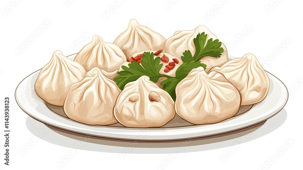 Hand drawn plate of Momos, comic style, isolated illustration on white and transparent background. Hand drawn plate of Momos, comic style, isolated illustration on white and transparent background.