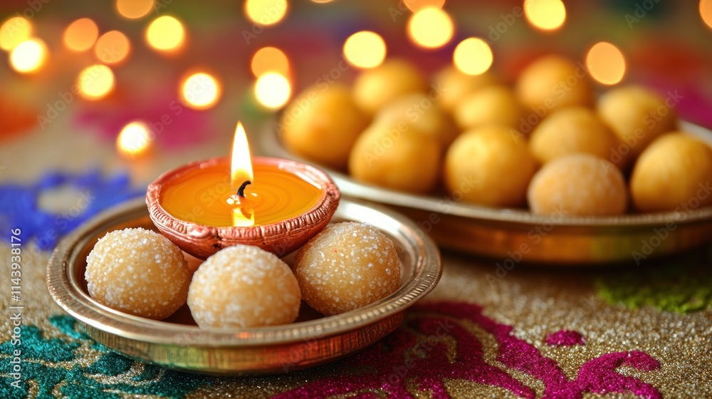 Festive Diwali sweets and diya lamp.