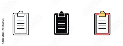 Set of 3 "Clipboard" icons with 1 line, 1 silhouette n 1 colored icon with an unexpanded vector inside - Clipboard representing tasks notes project management simple versatile digital n print projects