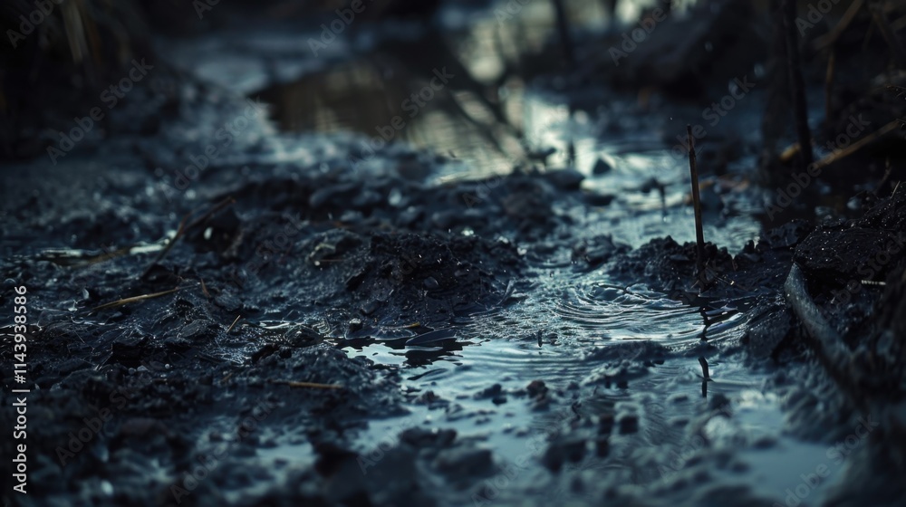 Naklejka premium Chemical Waste: Toxic waste from industrial or laboratory processes that leaches into water and soil, causing environmental damage and health hazards. 