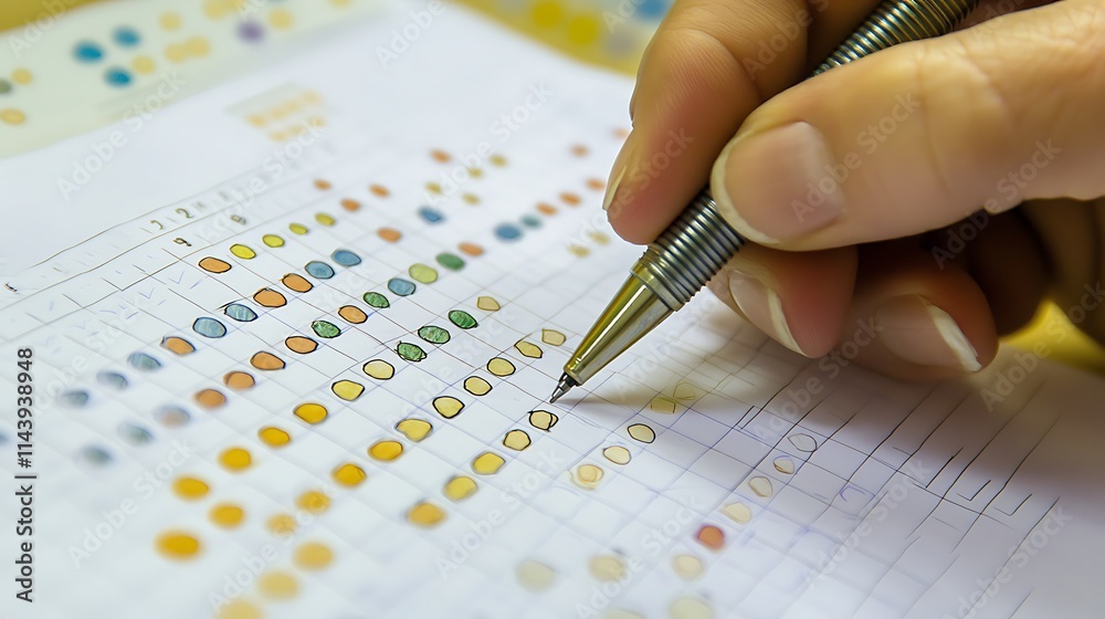 A person holding a pen, marking progress on a goal tracking sheet, with a whiteboard filled with goals and progress indicators in the background. A person holding a pen, marking progress on a goal tracking sheet, with a whiteboard filled with goals and progress indicators in the background.
