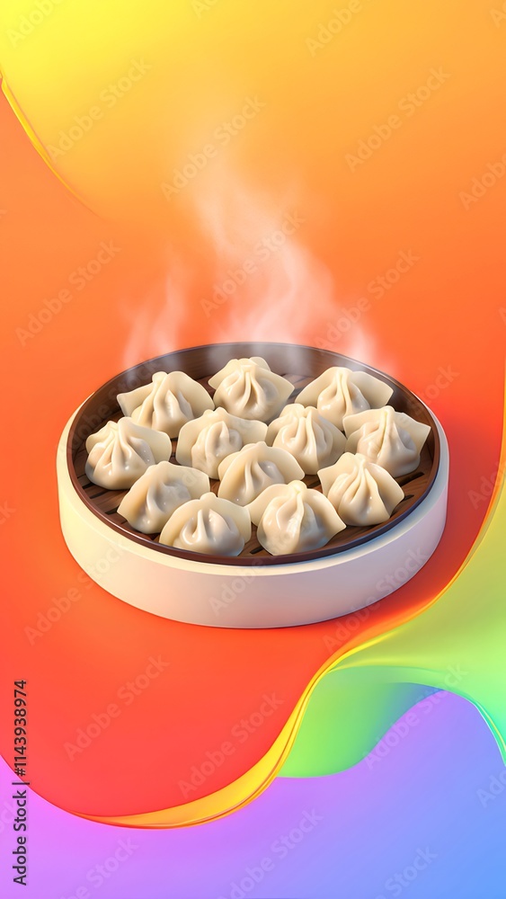 Steaming dumplings in a bamboo steamer on a colorful background. Steaming dumplings in a bamboo steamer on a colorful background.