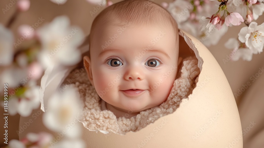 Happy baby girl in eggshell with spring blossoms. Happy baby girl in eggshell with spring blossoms.