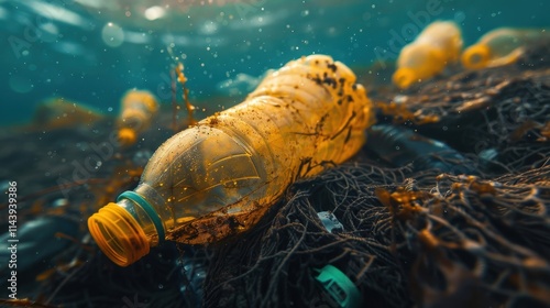 Marine Waste: Trash in oceans, including fishing nets and plastic bottles, harming marine life and ecosystems, leading to severe environmental consequences.
 photo