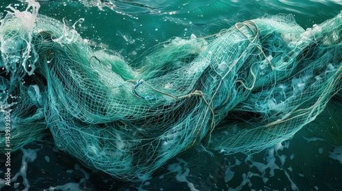 Marine Waste: Ocean pollution from trash like plastic bottles and fishing nets, endangering marine animals and damaging ocean habitats. photo