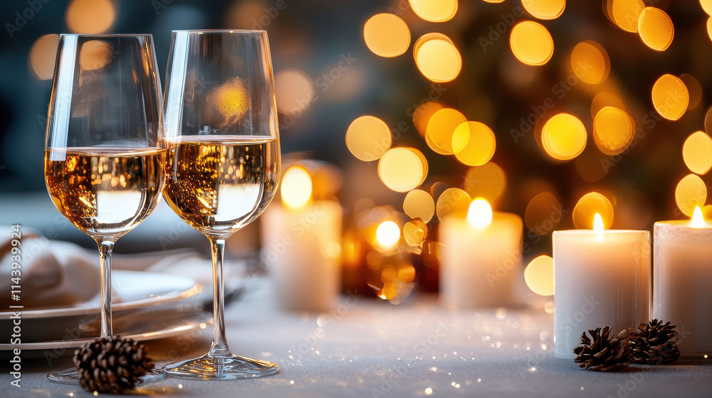 beautifully set table with two glasses of wine, candles, and festive lights creates warm and inviting atmosphere for celebrations beautifully set table with two glasses of wine, candles, and festive lights creates warm and inviting atmosphere for celebrations