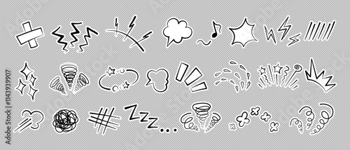 Manga or anime comic emoticon element graphic effects hand drawn doodle vector illustration set isolated on gray background. Sticker style manga doodle line expression scribble anime mark collection