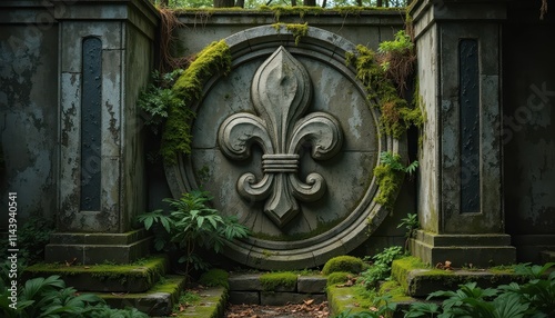 A stone wall features a large, circular emblem with a prominent fleur-de-lis. The wall is weathered and covered in moss and greenery, giving it an ancient, mystical appearance photo