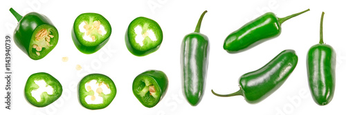 sliced jalapeno peppers isolated on white background. Green chili pepper. Capsicum annuum. clipping path