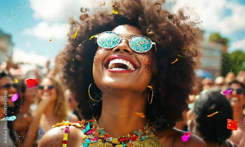 Cinematic photography of a afro brazilian woman, carnaval makeup, laughing,, crowd, happy people, Brazil, fashion mood, diversity, natural lighting, a lot of confetti