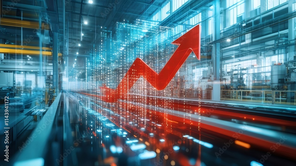 Upward red arrow graph in modern factory.