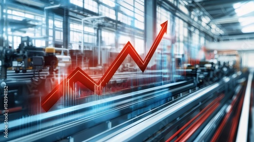 Upward trending graph superimposed on an industrial factory setting.