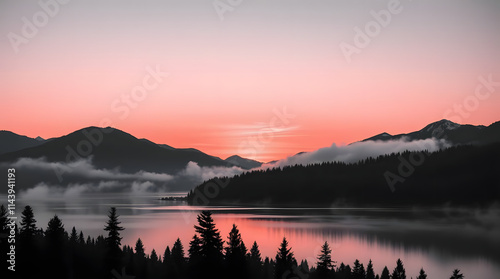 Serene Sunrise Over Misty Mountain Lake With Forest Silhouette