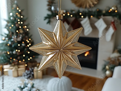 A detailed close-up of a star-shaped tree topper with sparkling glitter texture, displayed on a white background with no shadows for vibrant visuals 
