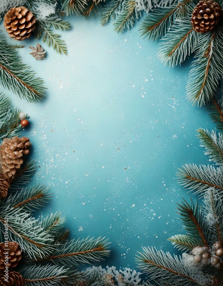 Blue christmas background with pine and ornament border Blue christmas background with pine and ornament border
