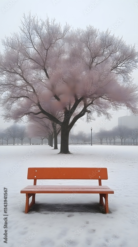 Orange bench in snowy park with frosty pink tree. Orange bench in snowy park with frosty pink tree.