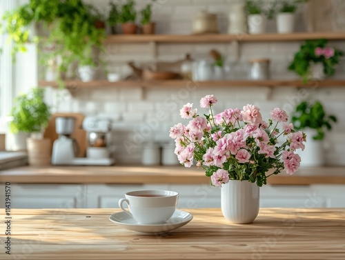 A bright kitchen with open shelves, fresh flowers on the table, and a cup of tea ready to be enjoyed, creating a peaceful home environment.