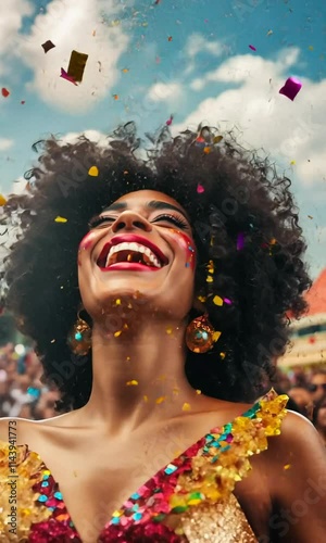 Wallpaper Mural Cinematic photography of a afro brazilian woman, carnaval makeup, laughing,, crowd, happy people, Brazil, fashion mood, diversity, natural lighting, a lot of confetti Torontodigital.ca