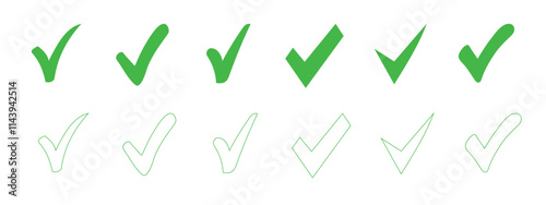 check symbol in green color. Green  tick mark icon set, hand-drawn checkmark illustration, approval check icon isolated on transparent white background.Set of check icons .
