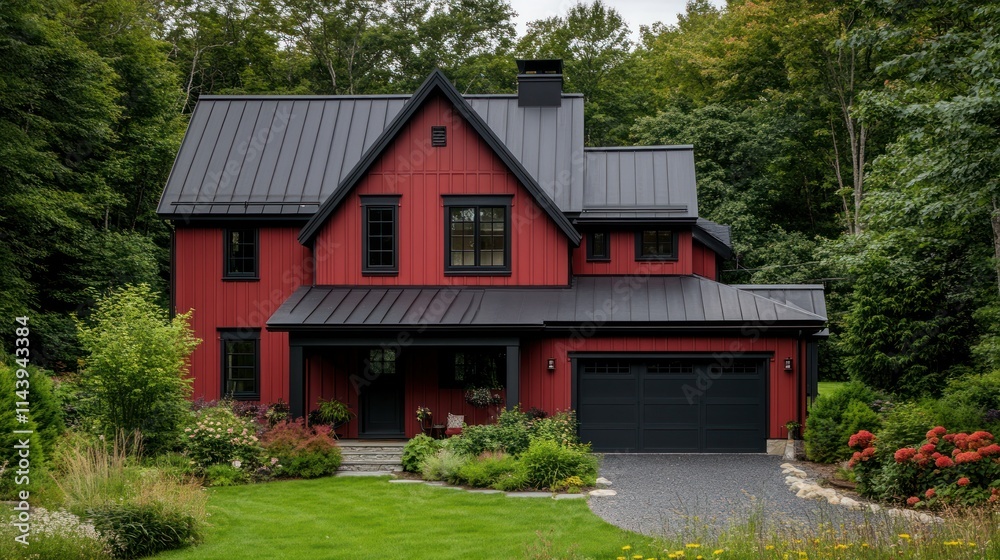 Red farmhouse with black trim and metal roof, nestled in a lush green landscape. Red farmhouse with black trim and metal roof, nestled in a lush green landscape.