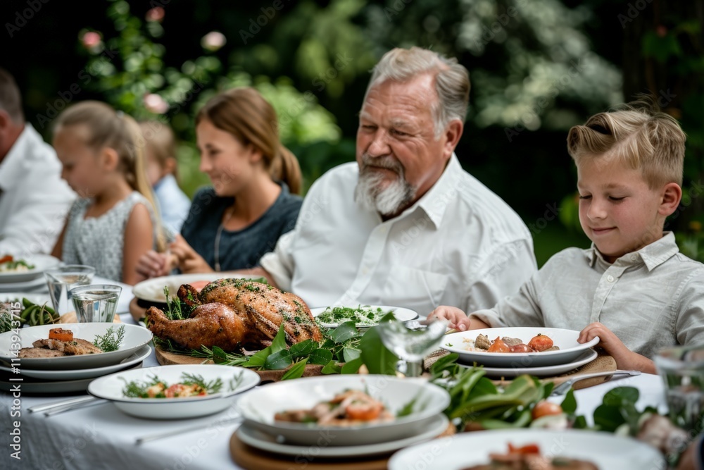 A large family enjoying a festive outdoor meal, with a roast chicken as the centerpiece, celebrating togetherness. A large family enjoying a festive outdoor meal, with a roast chicken as the centerpiece, celebrating togetherness.
