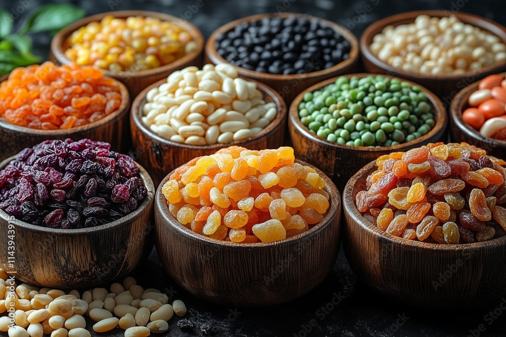 A variety of dried fruits and nuts arranged in rows on wooden bowls A variety of dried fruits and nuts arranged in rows on wooden bowls