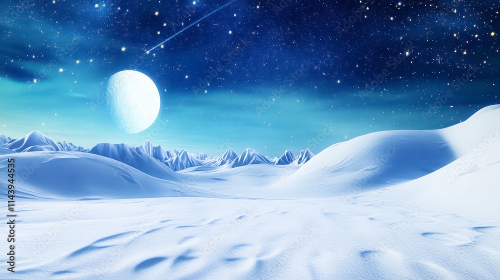 Fototapeta premium A breathtaking winter wonderland under a starry night sky with a full moon. A majestic snowy landscape with snow-covered mountain peaks and a serene atmosphere.
