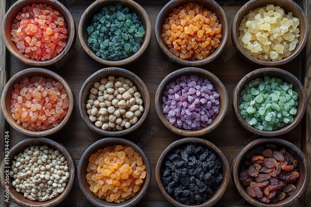 A variety of dried fruits and nuts arranged in rows on wooden bowls A variety of dried fruits and nuts arranged in rows on wooden bowls