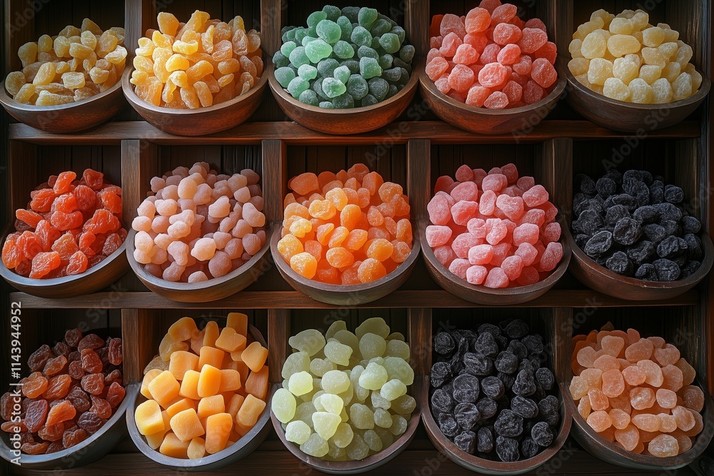 A variety of dried fruits and nuts arranged in rows on wooden bowls A variety of dried fruits and nuts arranged in rows on wooden bowls
