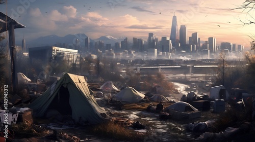 A striking urban landscape that juxtaposes the towering skyscrapers and modern architecture of a bustling city center with the stark reality of a homeless encampment in the foreground