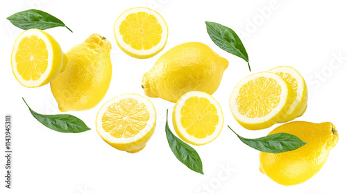 flying sliced lemon with green leaves isolated on white background. clipping path