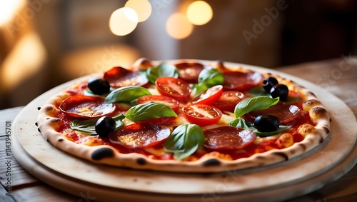 Indulge in the artistry of pizza-making with this ultra-realistic image of a freshly baked pizza displayed on a rustic wooden surface. The golden-brown crust is perfectly crisp.