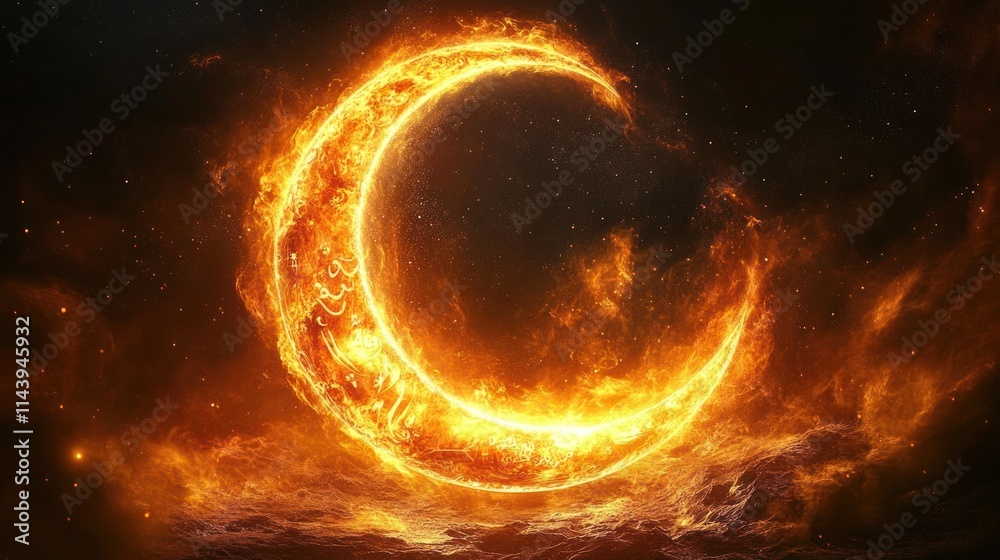 Fiery crescent moon ablaze against a dark night sky. Fiery crescent moon ablaze against a dark night sky.