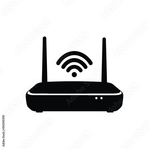Silhouette of a router with black router icon and logo on white background