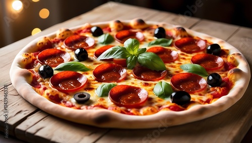 Indulge in the artistry of pizza-making with this ultra-realistic image of a freshly baked pizza displayed on a rustic wooden surface. The golden-brown crust is perfectly crisp.