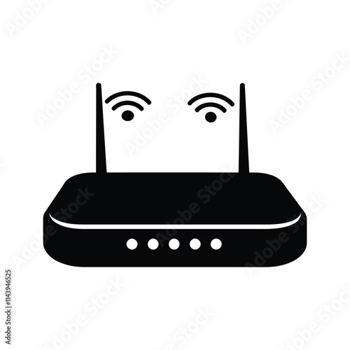 Silhouette of a router with black router icon and logo on white background