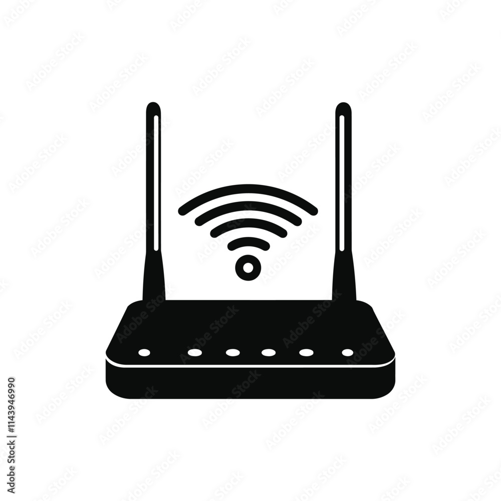 Silhouette of a router with black router icon and logo on white background Silhouette of a router with black router icon and logo on white background