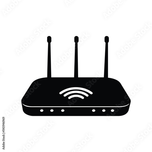 Silhouette of a router with black router icon and logo on white background