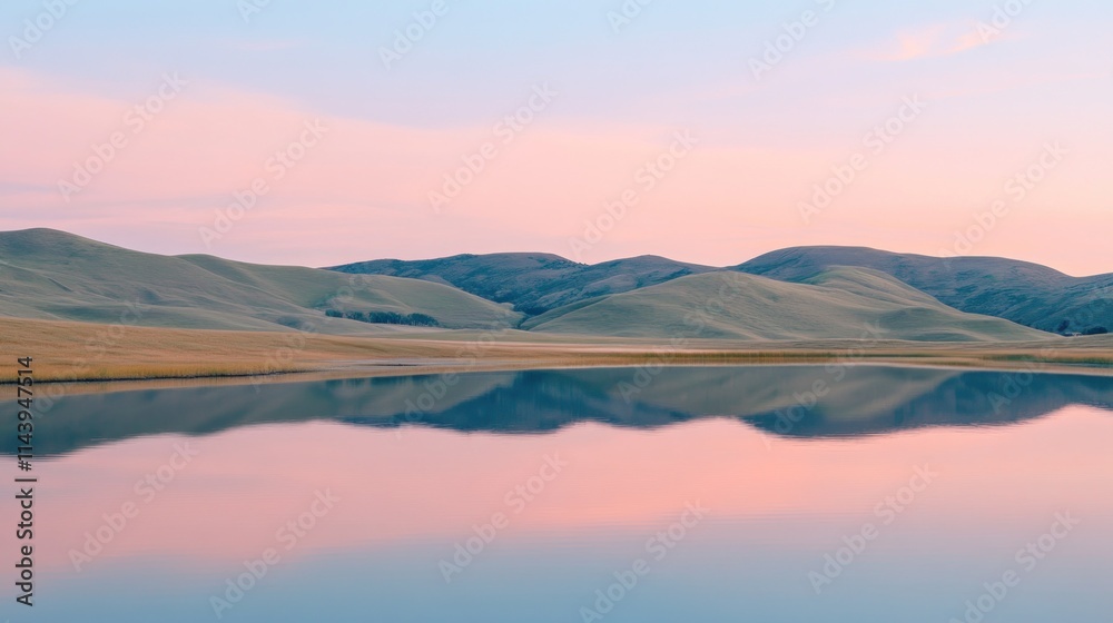 Serene sunrise over calm lake reflecting pastel-hued mountains. Serene sunrise over calm lake reflecting pastel-hued mountains.