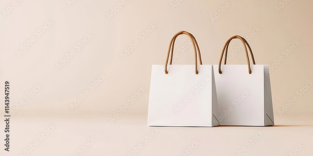 Two blank white shopping bags with brown handles on beige background. Two blank white shopping bags with brown handles on beige background.