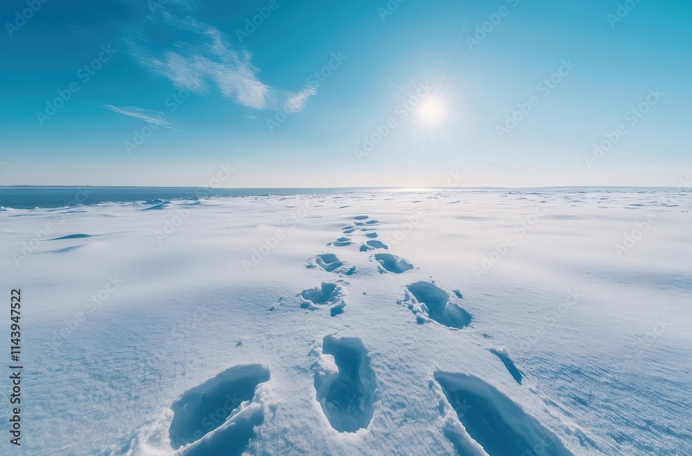 Footprints in pristine snow leading to a bright, sunny horizon over a frozen lake. Footprints in pristine snow leading to a bright, sunny horizon over a frozen lake.