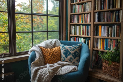 A cozy reading nook by the window, with a comfortable chair, a blanket, and bookshelves filled with favorite books, creating a quiet retreat. photo