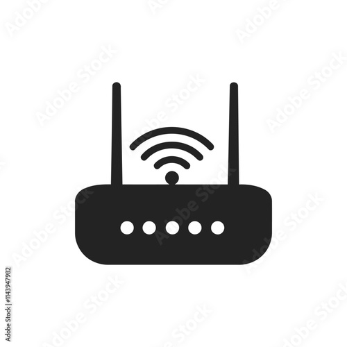 Silhouette of a router with black router icon and logo on white background