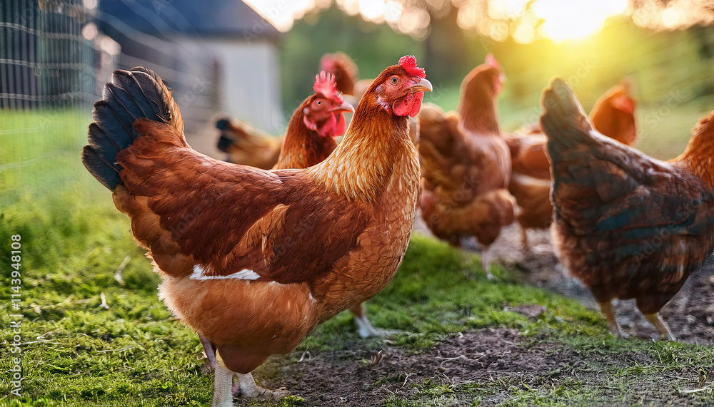 Fototapeta premium cute chickens and roosters on the farm