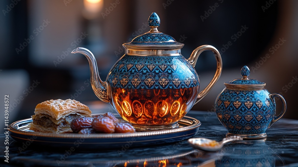 Elegant tea set with pastries and dates on a dark surface. Elegant tea set with pastries and dates on a dark surface.