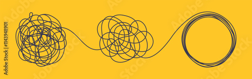 Chaos and order business concept flat style design vector illustration isolated on white background. Tangled disorder turns into spiral order line, find solution. Coaching, mentoring or psychotherapy.