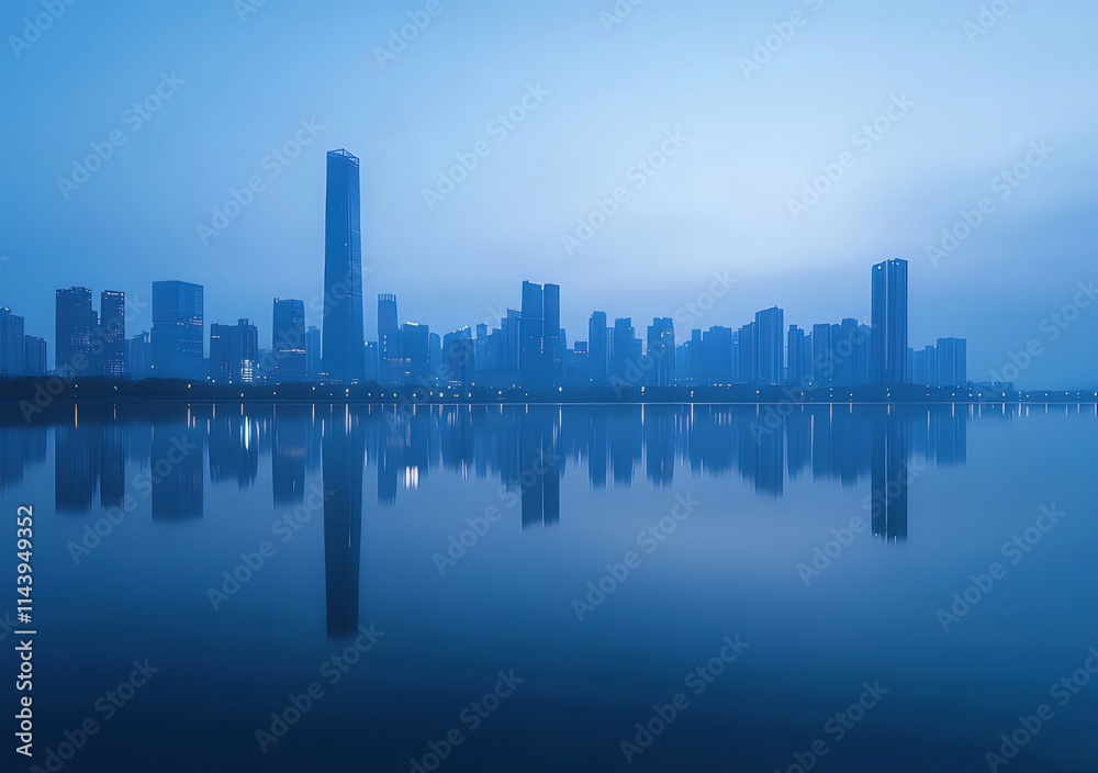 City skyline reflected in calm water at dawn. City skyline reflected in calm water at dawn.