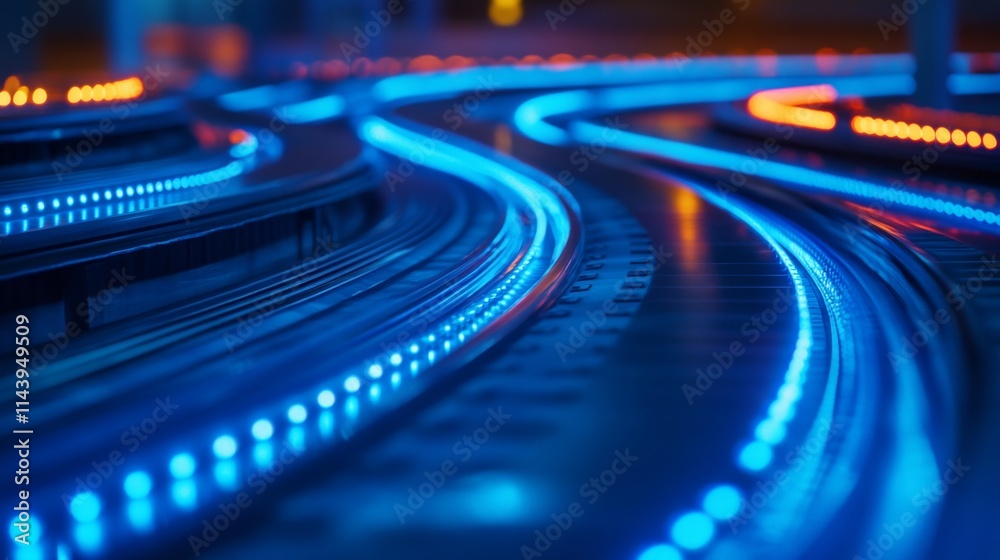 Abstract glowing blue and orange lines curve on a dark surface. Abstract glowing blue and orange lines curve on a dark surface.