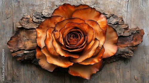 Intricate carved wooden rose on rustic bark. photo