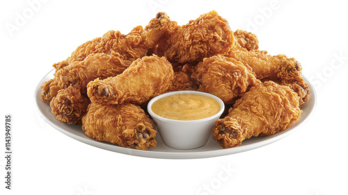 A Delicious Plate of Crispy Fried Chicken with Dipping Sauce Perfect for Family Gatherings and Picnics. photo